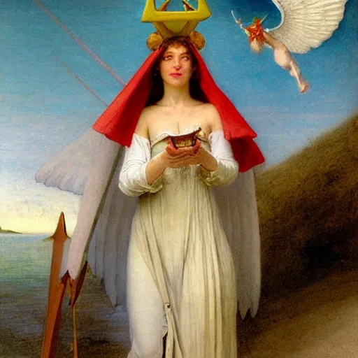 Image similar to An angel with jester hat and clothes on a greek circle archi on the front of a Balustrade with a beach and a sail boat on the background, major arcana cards, by paul delaroche and arnold böcklin hyperrealistic 8k, very detailed