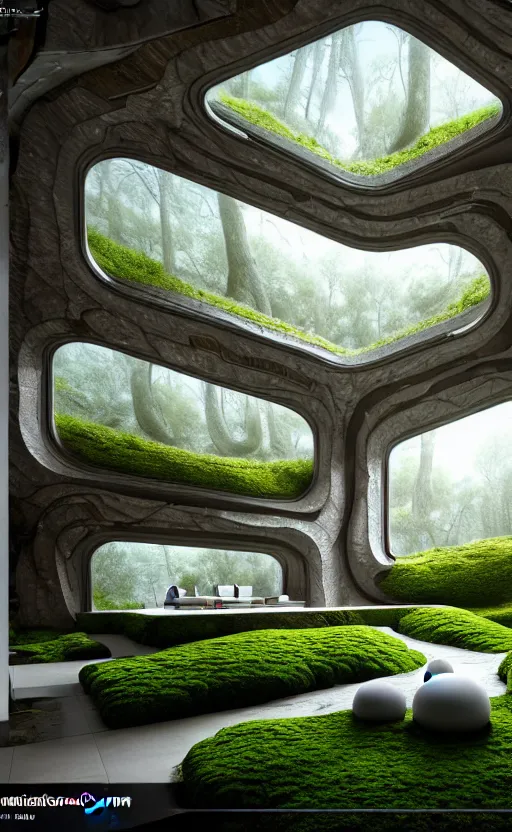 Image similar to highly detailed ultra sharp villa natural light interior soft cinematic cellular composition of a smooth ceramic porcelain biomorphic magnolia stone nebula fluid sci - fi surreal architecture landscape, furniture, granite, trees, marble, moss, lichen, fungi, vincent callebaut composition, mamou - mani, archviz, 8 k, unreal engine, hdr