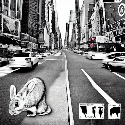 Image similar to NewYork street is raided by a million rabbit, Ultrarealism, real , fake, black and white