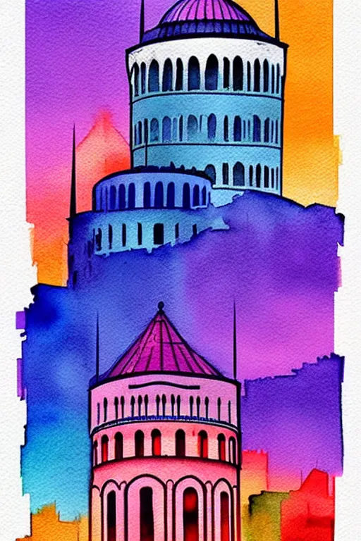 Image similar to minimalist colorful watercolor line art of galata tower istanbul, art deco, cityscape, matte drawing, poster art