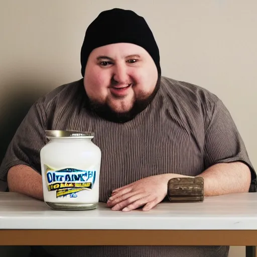 Image similar to “ 8 k photo of fat, bald man that really loves ranch dressing. office setting. ”