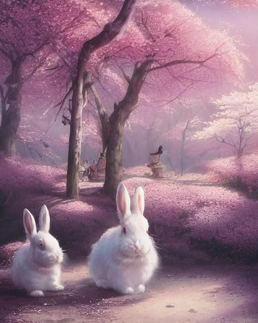 Prompt: ink on paper portrait of two white bunnies, super realistic, highly detailed, rule of thirds, in colorfull kimonos in the foreground of a surreal environment with cherry blossoms, volumetric light, dof, by greg rutkowski and michael whelan