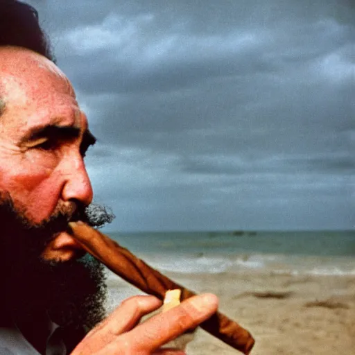 Image similar to a stunning photograph of Fidel Castro smoking a cigar and walking in the beach. There is a storm in the background. 1960s color photography. Award winning.