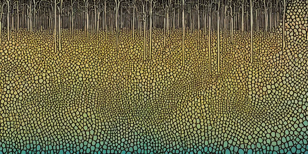 Prompt: Artwork of the Cinematic view of a diatoms forest by Hergé, Trending on artstation