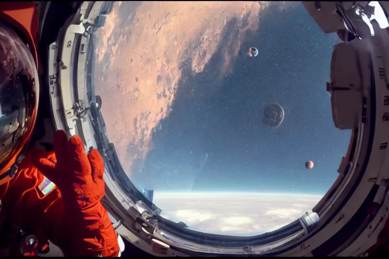 Prompt: cinematography of an astronaut looking out a hull round window at rockets and astronauts with rifles approaching red planet mars in space. Space station interior, starships, spaceships, fpv, first person hand reaching out wearing astronaut glove. by Emmanuel Lubezki