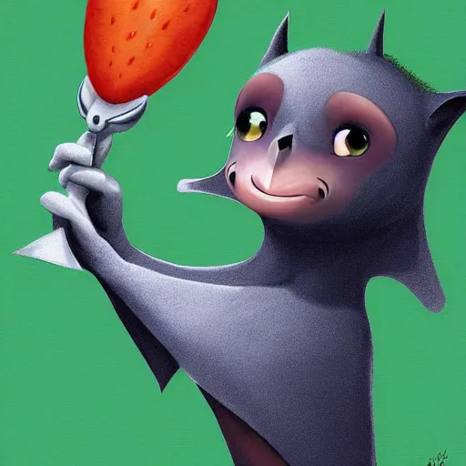 Image similar to digital art of a cute fruit bat holding twin daggers by Pixar