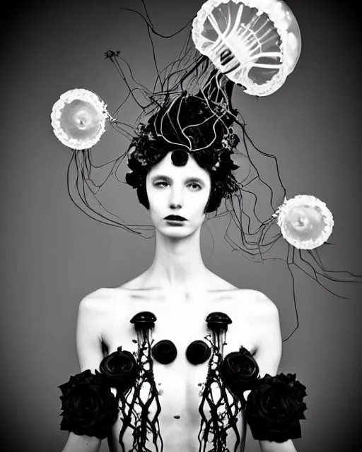 Prompt: dreamy surreal poetic black and white photo of a beautiful young bio-mechanical-female-jellyfish-cyborg-plant-plastic-robot with a very long neck and a super big gothic lace collar and a very high big floral crown with many black dry roses by Vivienne Westwood:: smoke, high fashion, haute couture, rococo, avant-garde, elegant, dreamy, hyper realistic, 150 mm lens, soft rim light, octane render, unreal engine, picture was taken in 1910 by Dora Maar, volumetric lighting, dramatic light,8k,