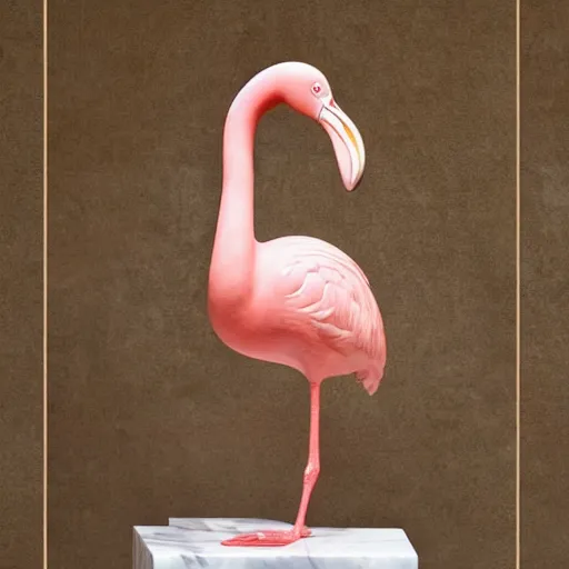 Image similar to a marble statue of a flamingo painted in a rose pink shade, close-ups, varying angles, warm lighting,