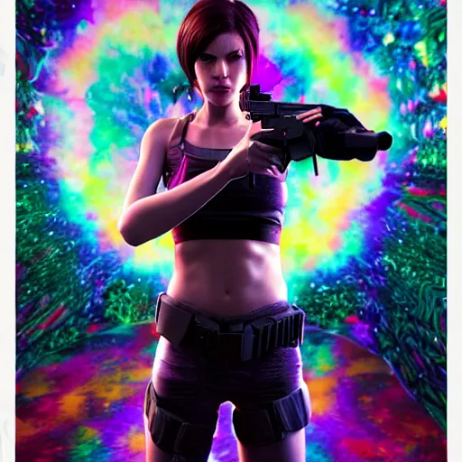 Image similar to Extreme long Shot of psychedelic Jill valentine standing with glock17 in mysterious chromatic astral temple , beautiful, dmt, trending on artstation, omnious, soft, hypermaximalistic, high details, cinematic, 8k resolution, artwork by Wong, Liam