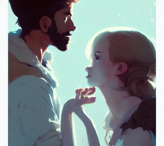 Prompt: portrait will kissing elisabeth by atey ghailan, by greg rutkowski, by greg tocchini, by james gilleard, by joe fenton, by kaethe butcher, by ashley wood, dynamic lighting, gradient light blue, brown, blonde cream and white color scheme, grunge aesthetic