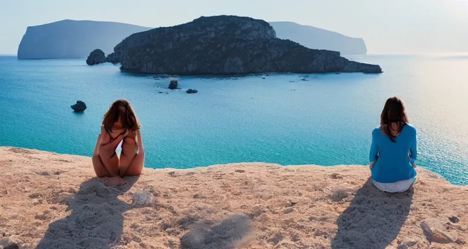 Prompt: wide shot of a young woman sitting at a beach in greece