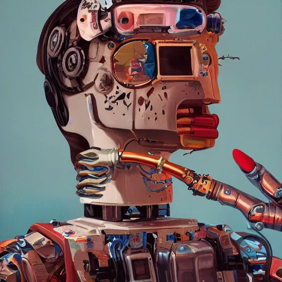 Image similar to robot artist painting a self - portrait on a canvas. intricate, highly detailed, photorealistic, film still, by alexandros pyromallis, sachin teng, hans thoma.