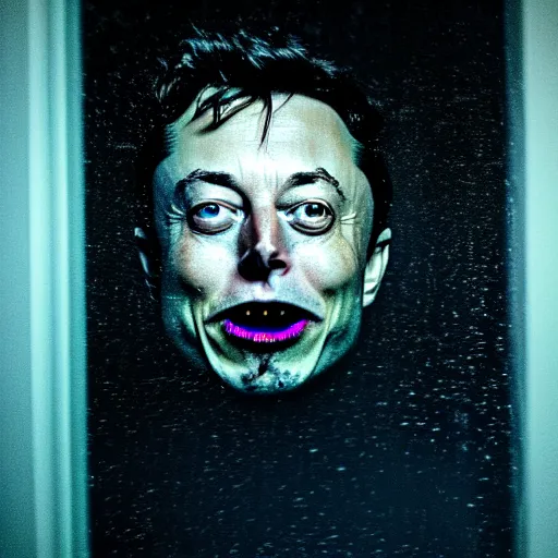 Image similar to dark photo of dark blue rainy bedroom window at night, dimly lit creepy ( ( ( ( ( contorted distorted ) ) ) ) ) screaming face of elon musk staring in through the window, horror, scary face, demonic face,