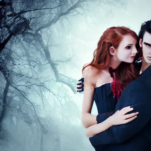 Prompt: handsome vampire holding a beautiful girl, 4 k, professional photograph, romance novel cover