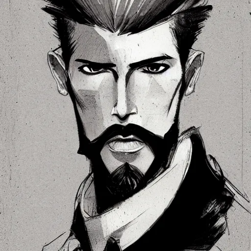 Prompt: very attractive man with beard, strong masculine features, slim, short hair, 35 years old, one android eye, sophisticated clothing with some steampunk elements, gesture dynamic, command presence, royalty, weathered face, smooth, sharp focus, organic, appealing, book cover, deep shadows, by Dave McKean sketch lineart for character design