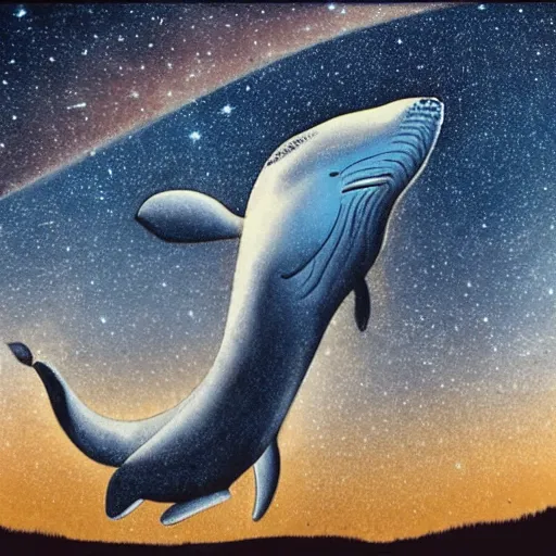 Prompt: a whale lifts its head to ponder the stars.