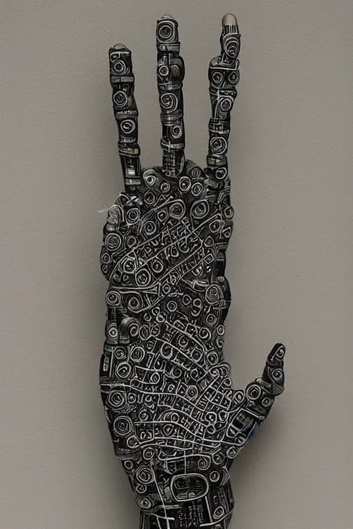 Image similar to cybernetic robotic hand made of engraved ceramic, wires and circuitry, engraved in sanskrit writing