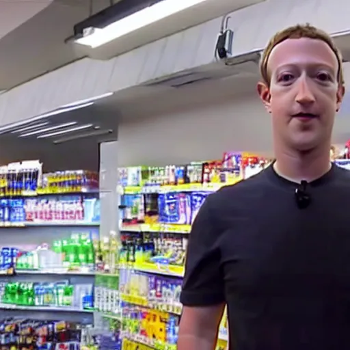 Prompt: mark zuckerberg committing armed robbery of a convenience store security camera footage