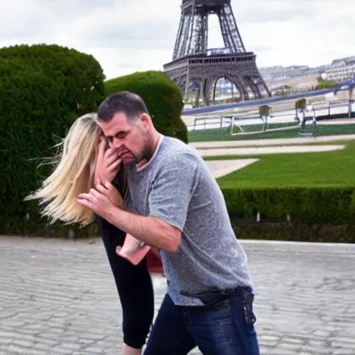 Prompt: a woman slaps a man on the cheek, effeil tower in the background