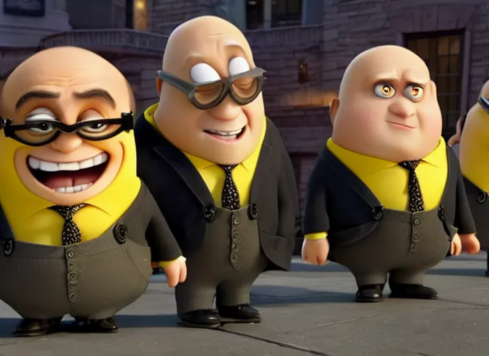 Prompt: Danny DeVito cast as Gru with his minions, still from Despicable Me 2010, high detail, 8k establishing shot,