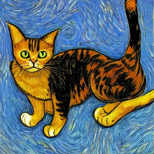 Image similar to a cat, in the style of van gogh and max ernst