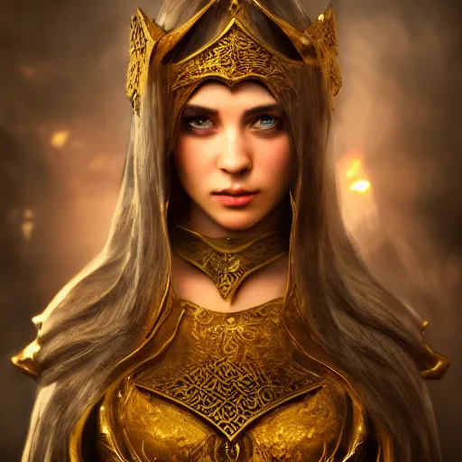 Image similar to beautiful female cleric with long black hair and a golden eye, focus on face, jewellery, fantasy, medieval, still, photograph, highly detailed, cinematic, dramatic, dynamic lighting, award winning, masterpiece, trending on artstation