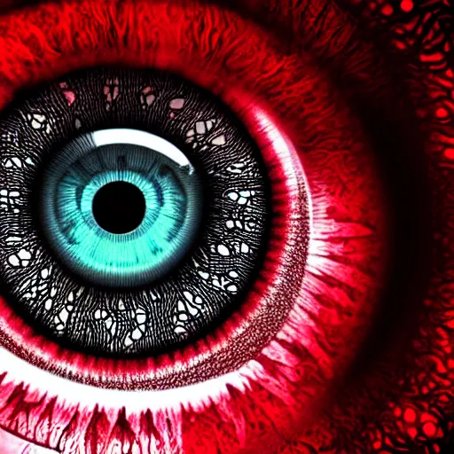 Image similar to a detailed extremely close up of inside the iris, cornea, red image, microscopic, extremely close up drawing by junji ito, cgsociety, generative art, lovecraftian, parallax, cosmic horror, extremely detailed, hyperrealism, unreal engine, octane render, award winning, masterpiece, highly detailed, realistic, 4 k, digital