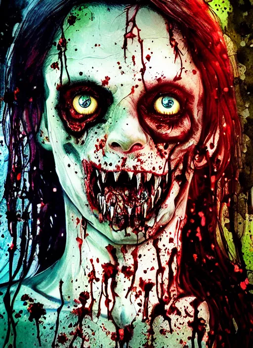 Image similar to zombie hollywood professional acting headshot, hyperrealism, david dennis, magazine cover person, intricate detailed, studio lighting, charming expression gesicht, hauntingly beautiful zombie, watercolor art, epic, legendary, drawn and painted, colored layers, dulled contrast, exquisite fine art, splatterpaint