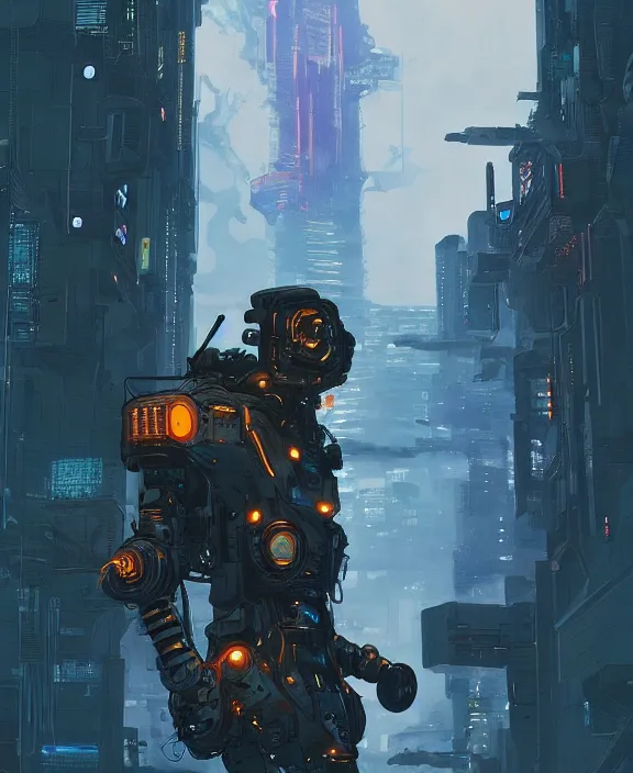 Prompt: cyberpunk digital illustration pathfinder robot from apex legends, portrait by james gurney and laurie greasley, concept art, cinematic composition, dramatic lighting, highly detailed, vintage sci - fi