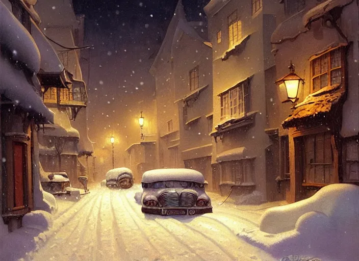 Image similar to a night scene of a snowy street, a detailed painting by anton pieck and gil elvgren, deviantart contest winner, fantasy art, concept art, official art