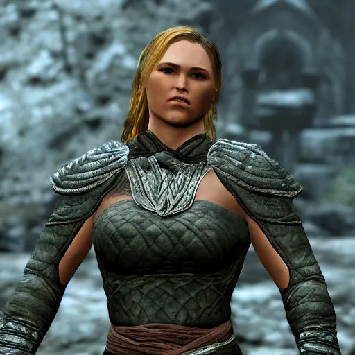 Image similar to character screenshot of ufc ronda rousey dc in skyrim, lydia armor, npc talking, wilderness, 1 0 8 0 p, bokeh, elder scrolls v, detailed, dialog text