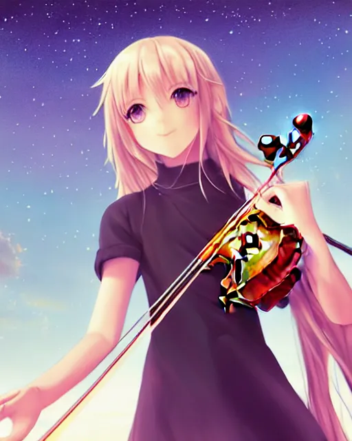 Prompt: teen, cute, full body, a female with white skin and golden long wavy hair holding a violin and playing a song, heavenly, stunning art style, filters applied, lunar time, night sky, trending art, sharp focus, centered, landscape shot, fate zero, simple background, studio ghibly makoto shinkai yuji yamaguchi, by wlop