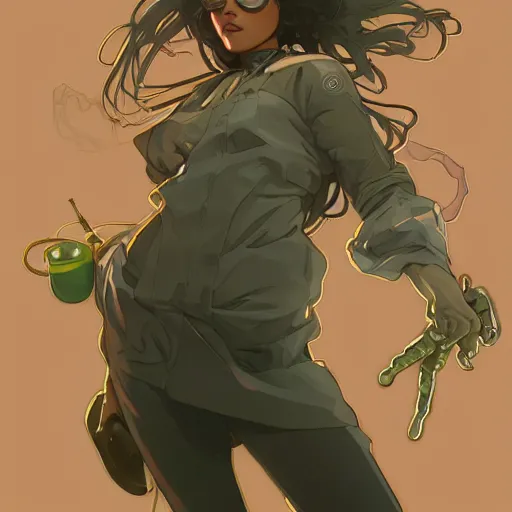 Image similar to a full body character design by artgerm, cushart krenz, greg rutkowski and alphonse mucha. cute african mad scientist woman lab coat!! green plasma laser gun!! goggles visor!! bold outline sharp edges. ultra clear detailed. 8 k. ultra detailed, elegant, intricate, octane render. felt!!! texture