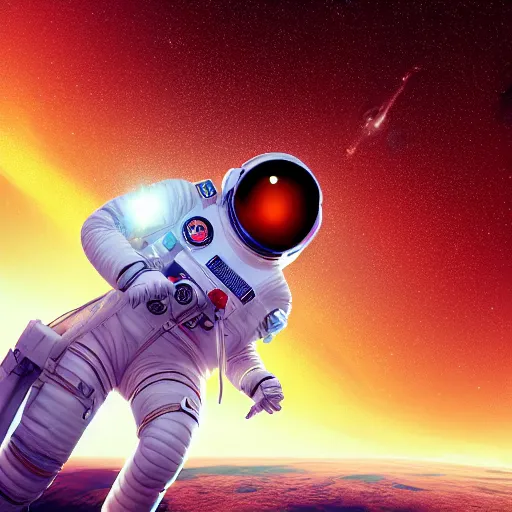 Image similar to A wide angle shot from below of a female astronaut with a feminine body walking with swagger towards camera on mars in an infinite universe , synthwave digital art