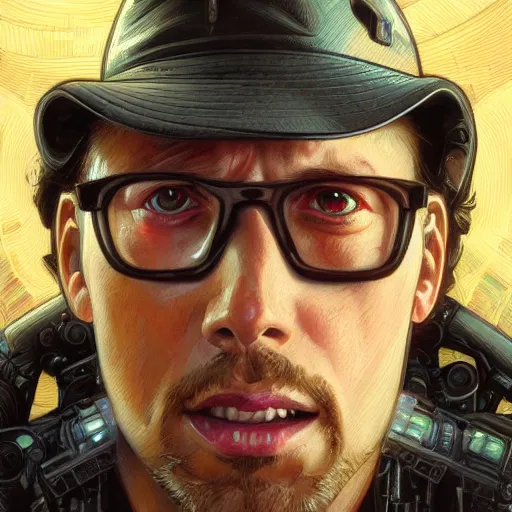 Prompt: portrait of The Nostalgia Critic as The Terminator , goofy, intricate, headshot, highly detailed, digital painting, artstation, concept art, sharp focus, illustration, art by artgerm and greg rutkowski and alphonse mucha