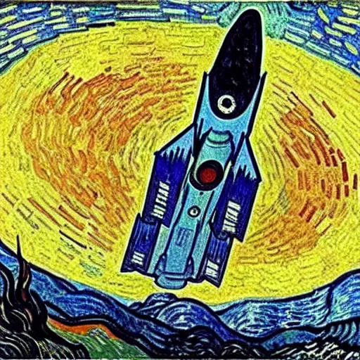 Image similar to a painting of a space ship launching by van gogh