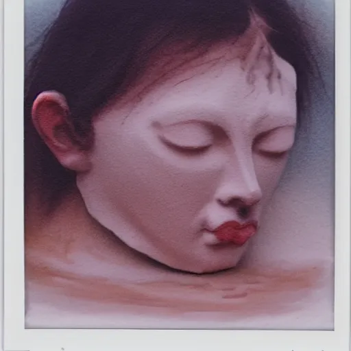 Prompt: a liquid white clay porcelain portrait of a face melt down flow go runny, body painted with a lot of white thick fluid, realistic detailed watercolor polaroid, grainy image, contrast