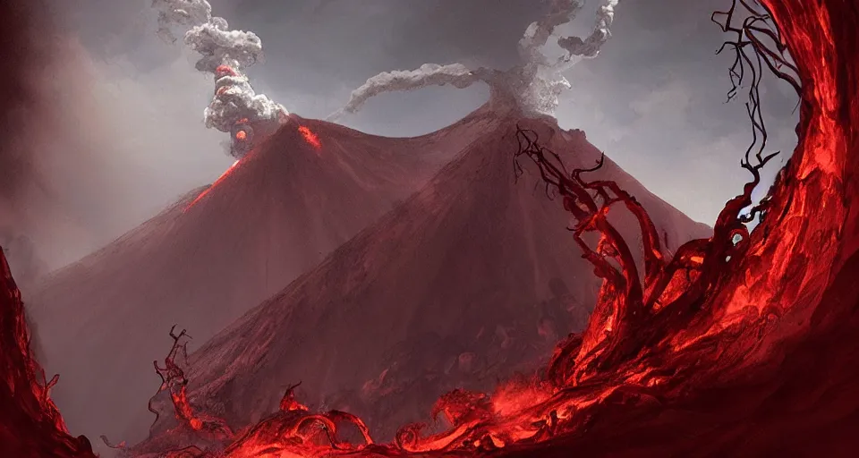 Image similar to a volcano made of ivory vines and crimson rocks enters in eruption, it spits a smoke in the shape of demonic eye, by Marc Simonetti