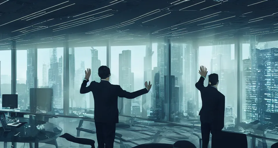 Image similar to Dramatic photo of a CEO waving to a large group of his coworkers in a futuristic office. Golden coins are levitating all around them. 8k, high detail, trending on Artstation, volumetric lighting, cyberpunk