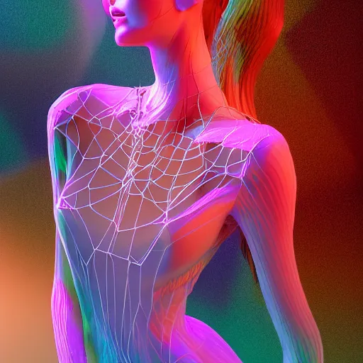 Prompt: A very detailed digital art rendering and concept design of a stunning young ethereal woman beautifully positioned and beautifully intertwined in realistic chromatic liquid like shot webs, art by Andrew Chiampo and Frederik Heyman, volumetric lighting, three dimensions, a digitally transformed environment, user interface design, 3D modeling, illustration, and transportation design, fantasy, hyper realism, 4k