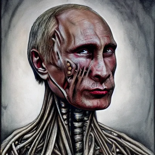 Prompt: Bodyhorror portrait by H.R.Giger of Vladimir Putin who became a degenerate horror Abomination, photo-realistic, color image, 2K, highly detailed