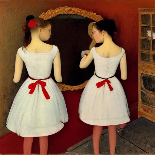 Prompt: two sisters look into the mirror, one blonde and one brunette, white and red dresses, Balthus