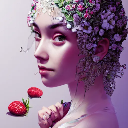 Image similar to the portrait of an absurdly beautiful, graceful, elegant, sophisticated, fashionable young idol made of strawberries and white petals with tears, an ultrafine hyperdetailed illustration by kim jung gi, irakli nadar, intricate linework, bright colors, octopath traveler, final fantasy, unreal engine 5 highly rendered, global illumination, radiant light, detailed and intricate environment