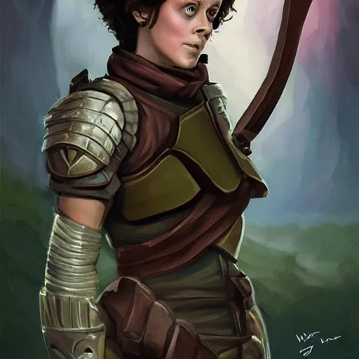 Prompt: young sigourney weaver as a d & d ranger, character portrait by wlop