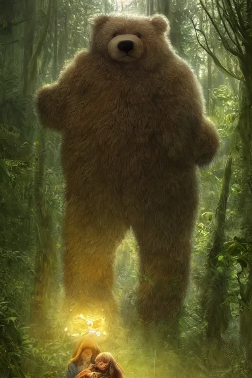 Image similar to mean fluffy teddybear protecting girl in a forest with rays of light coming through the canopy, masterpiece, dystopian, sci-fi, extremely detailed, digital painting, sculpted in zbrush, artstation, concept art, smooth, sharp focus, illustration, chiaroscuro lighting, golden ratio, incredible art, artgerm, greg rutkowski, alphonse mucha, simon stalenhag, carravaggio