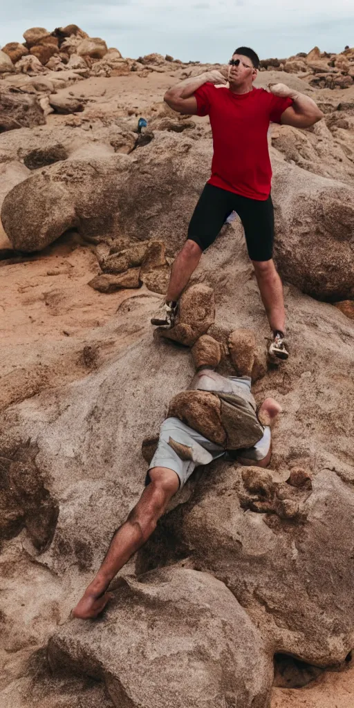 Image similar to man wearing red hawaii shirt doing pushups on top of a giant boulder in the desert, photorealistic