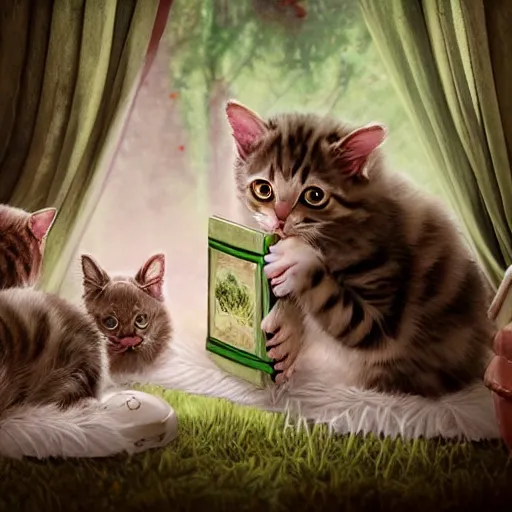 Image similar to Cat-mom is sitting in the green armchair and reading the Harry Potter book to his cute baby kittens in the cute fairy-like bedroom. Kittens hug each other while listening. Alice in Wonderland movie style. Realistic, digital art, highly detailed, photo realistic. emotionally evocative, cute eyes, round cats, cozy home.
