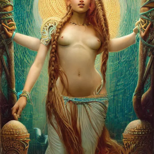 Image similar to birth of sumerian goddess inanna ishtar, ashteroth, techno mystic goddess princess intergalactica, with aqua neon rapunzel dreadlocks, mami wata, detailed, by gaston bussiere, bayard wu, greg rutkowski, giger, maxim verehin, greg rutkowski, masterpiece, sharp focus, sandro botticelli