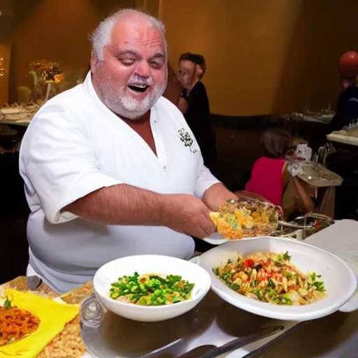 Prompt: gerry scotti eating rice while flying