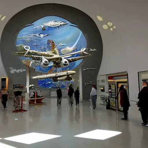 Prompt: modern day aerospace museum foyer in the style of hiroshi yoshida, highly detailed, epic composition, funny